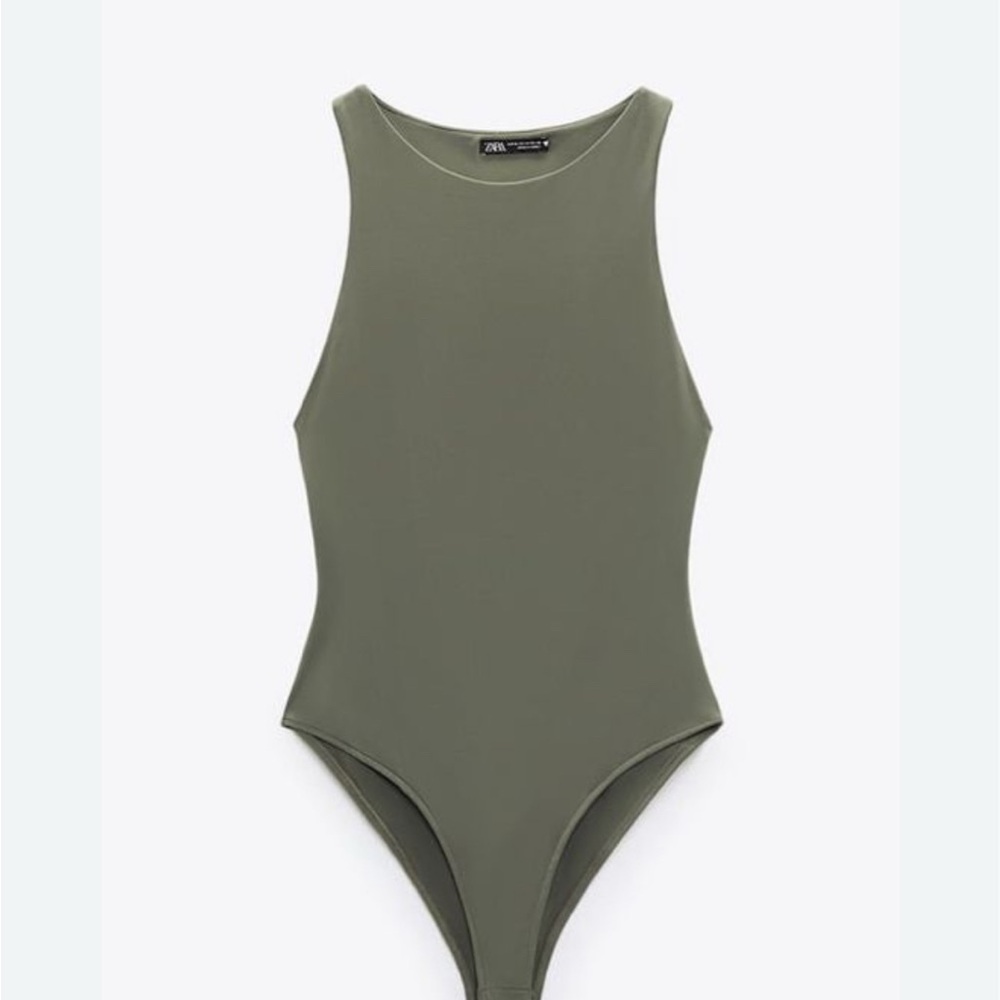 Zara Olive Army Green Women's Sleeveless High Neck Cutaway Bodysuit